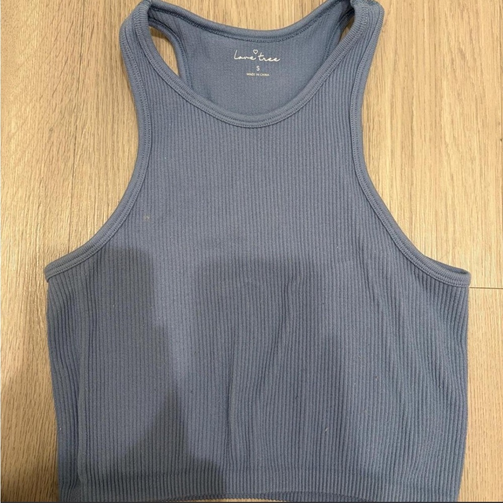 Love Tree Blue Ribbed Racerback Crop Tank